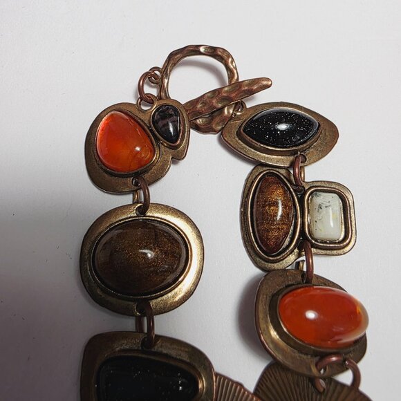 Vintage Multi-Stone Statement Bracelet | Bronze Tone Boho Chunky Link Design - Picture 7 of 7